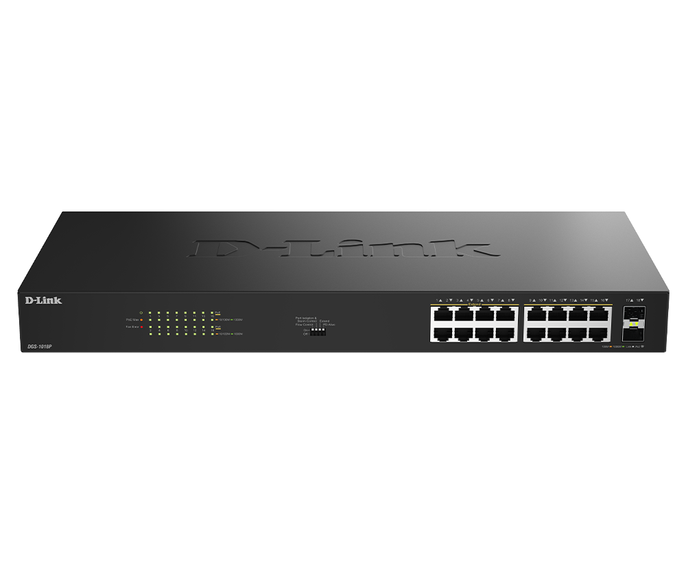 16-Port Gigabit Unmanaged PoE+ Switch with 2 SFP Ports DGS-1018P