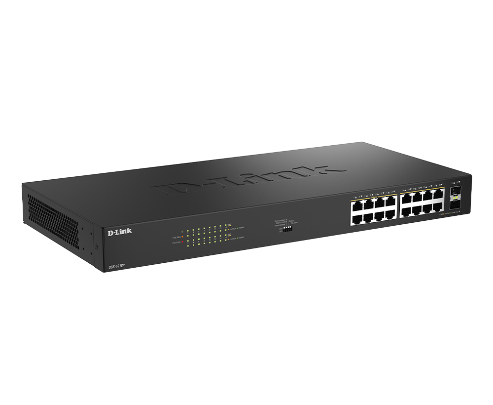16-Port Gigabit Unmanaged PoE+ Switch with 2 SFP Ports DGS-1018P