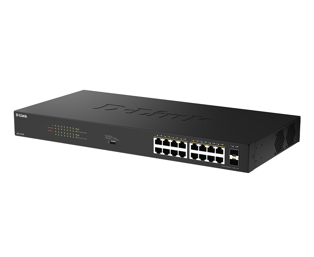 16-Port Gigabit Unmanaged PoE+ Switch with 2 SFP Ports DGS-1018P
