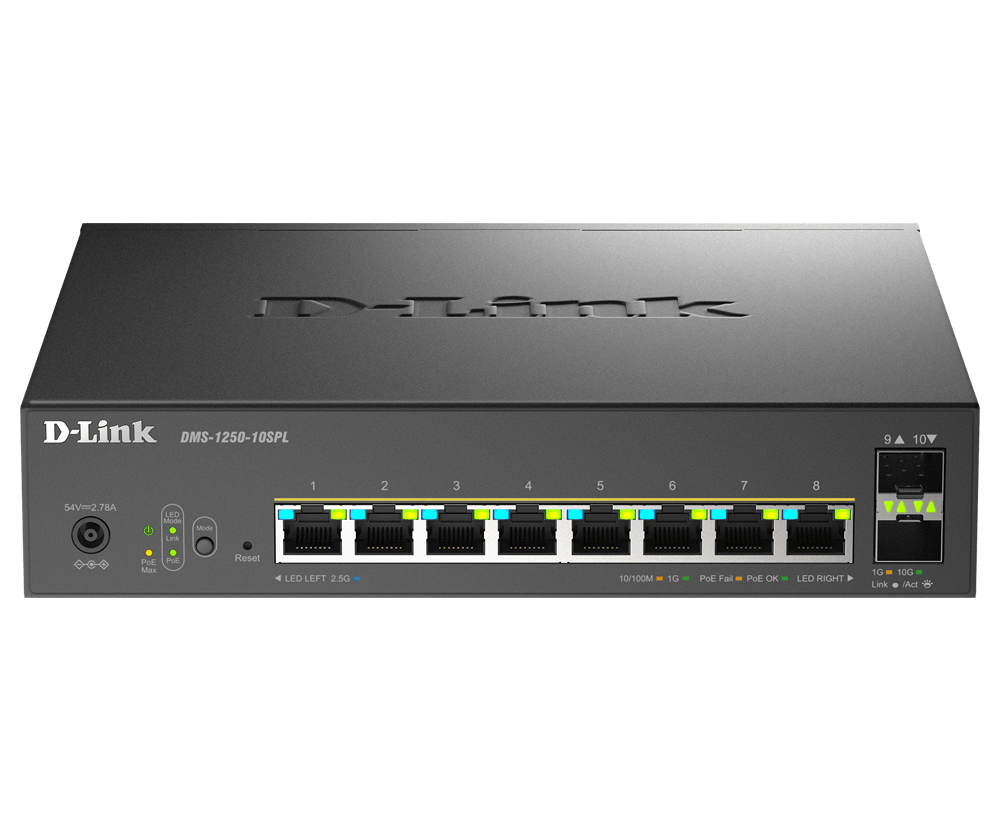 10-Port 2.5GB Multi-Gigabit Smart Managed PoE++ Switch with 2 10G SFP+ Ports  DMS-1250-10SPL